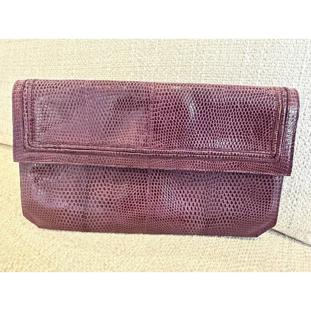 Vintage BAGHEERA Italy Burgundy Purple Lizard Embossed Leather Envelope Clutch B